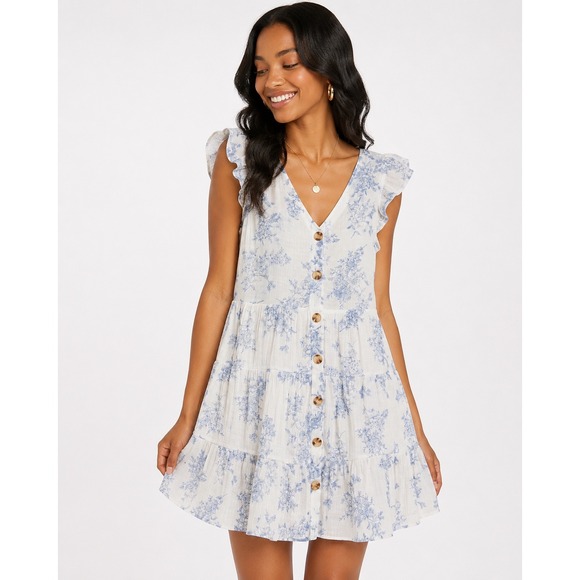 E&M Dresses & Skirts - E&M Blue Floral Babydoll Dress Cottagecore Coquette Boho Prairie Size L